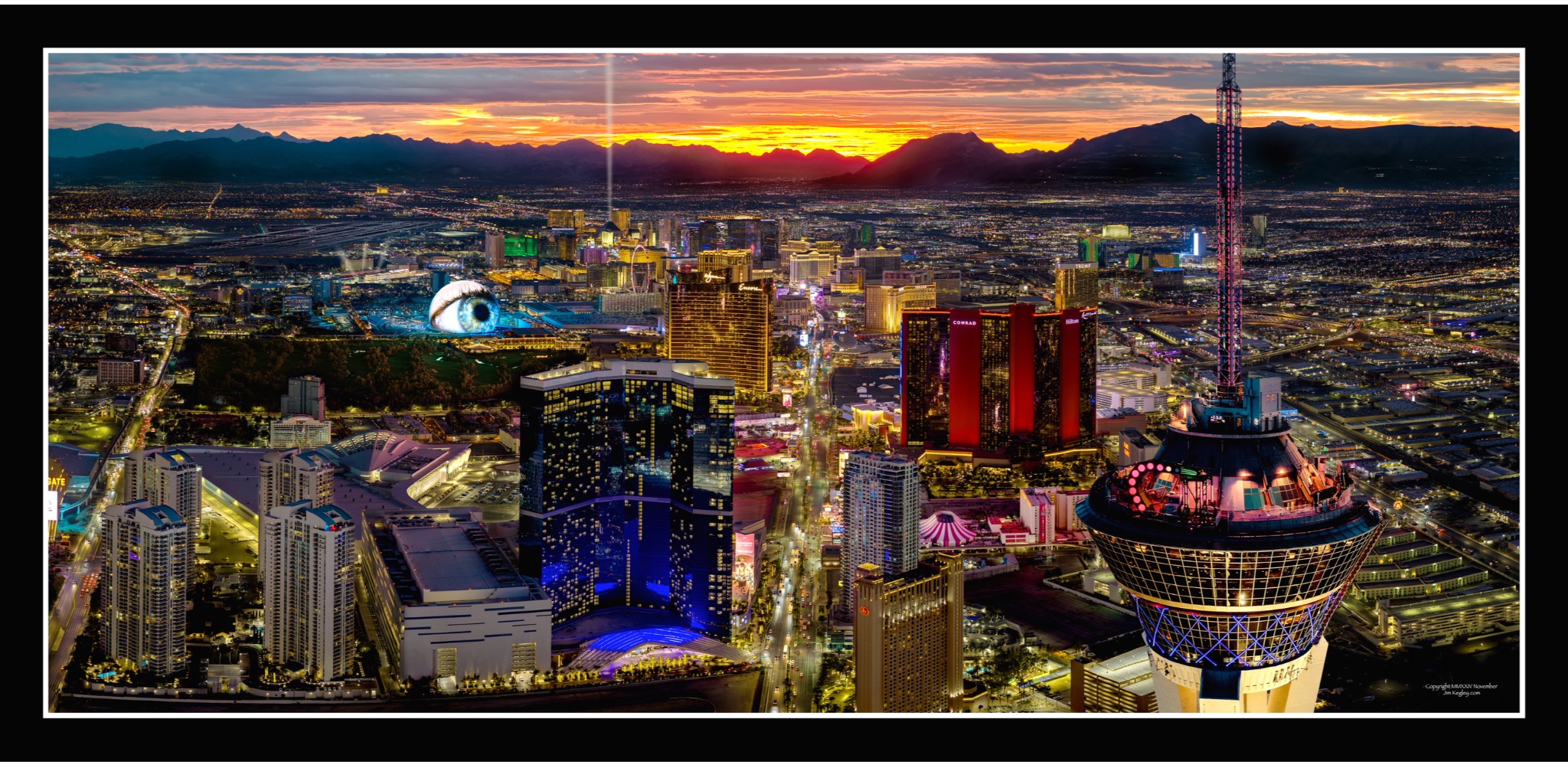 Las Vegas at sunset, with the STRAT and Sphere. Photo by Jim Kegley.