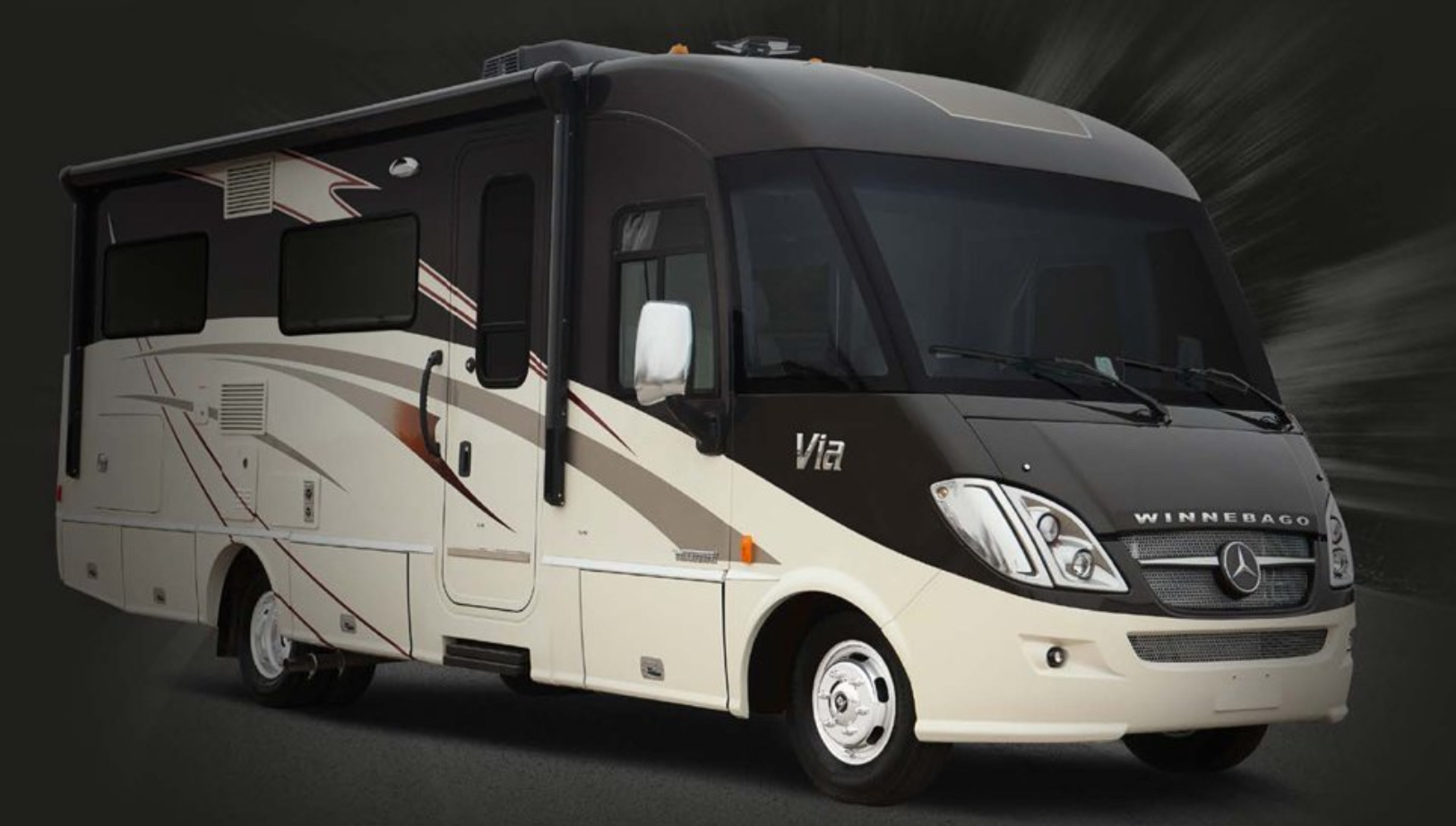 Exterior of the production motorcoach, with Mercedes-Benz grille and Winnebago Via branding.