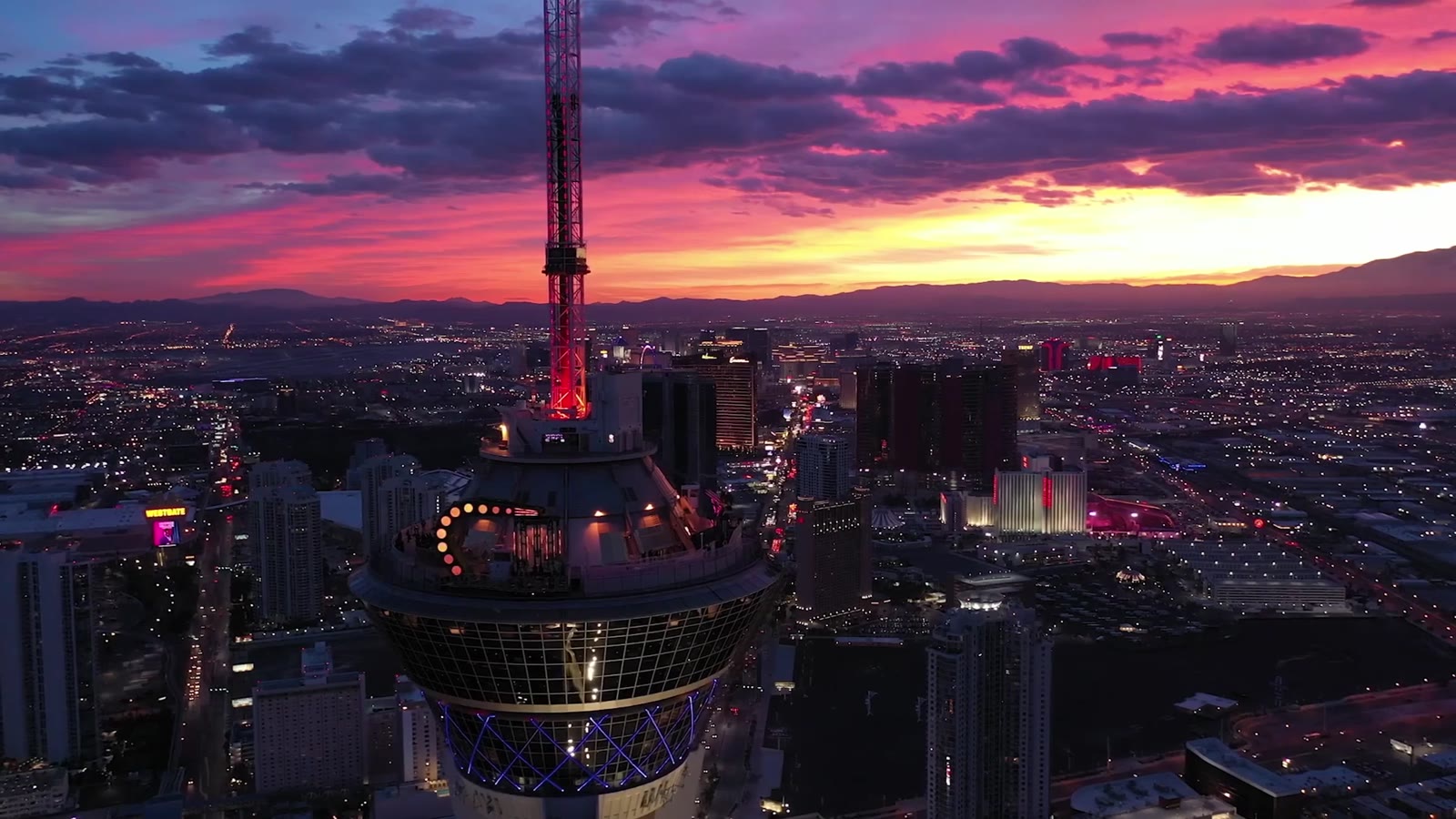 An aerial view of the STRAT at sunset from the Dorian demo reel.