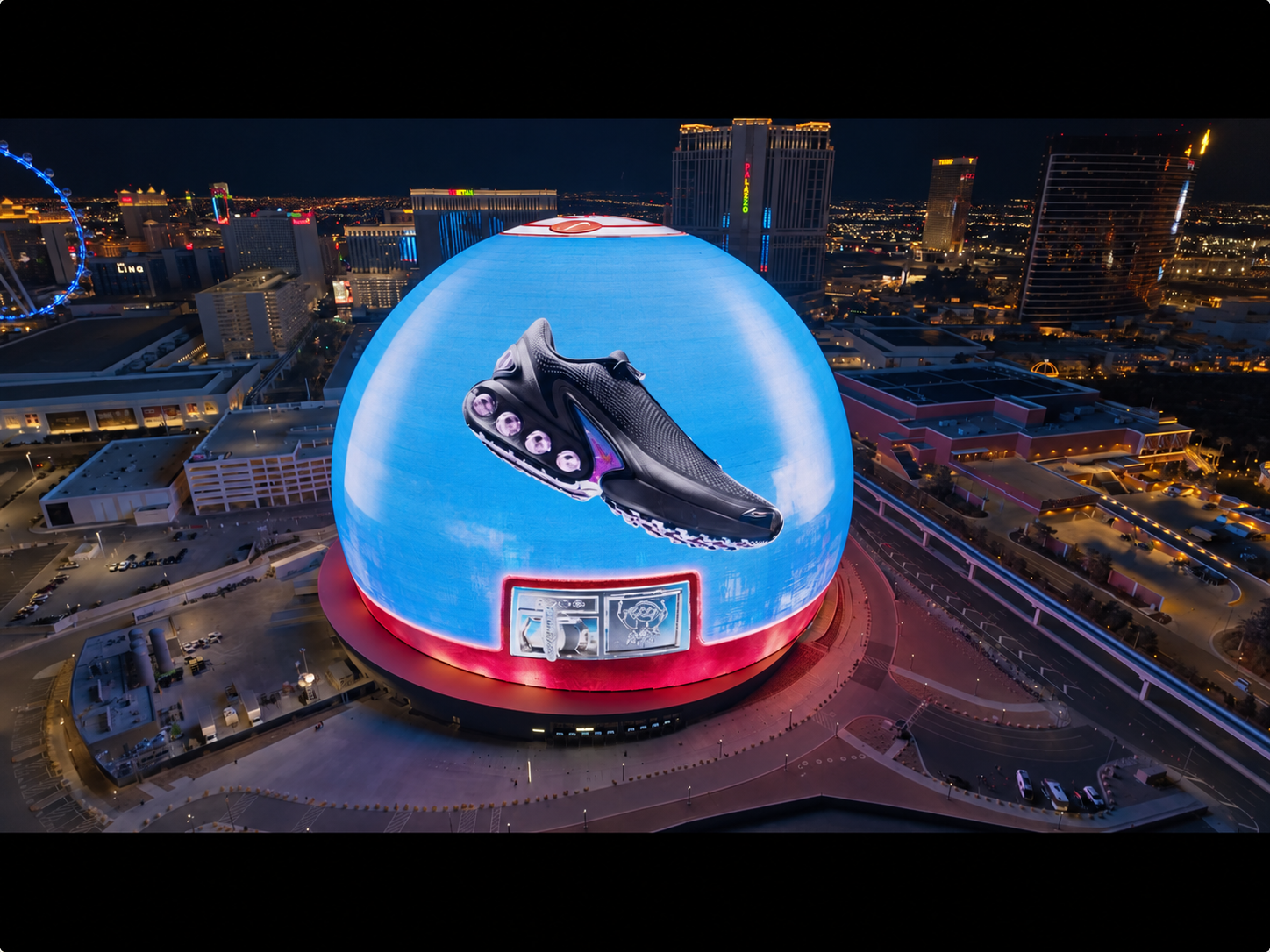 Nike shoe campaign on a blue Sphere display in Las Vegas; AI-assisted exposure adjustment.